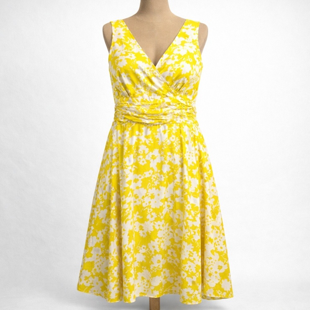 Vintage Y2K Yellow Dress Floral Sleeveless V Neck Midi‎ Preppy Beach Vacation